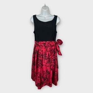 Jessica howard black sleeveless red spun satin black rose skirt dress Size 12